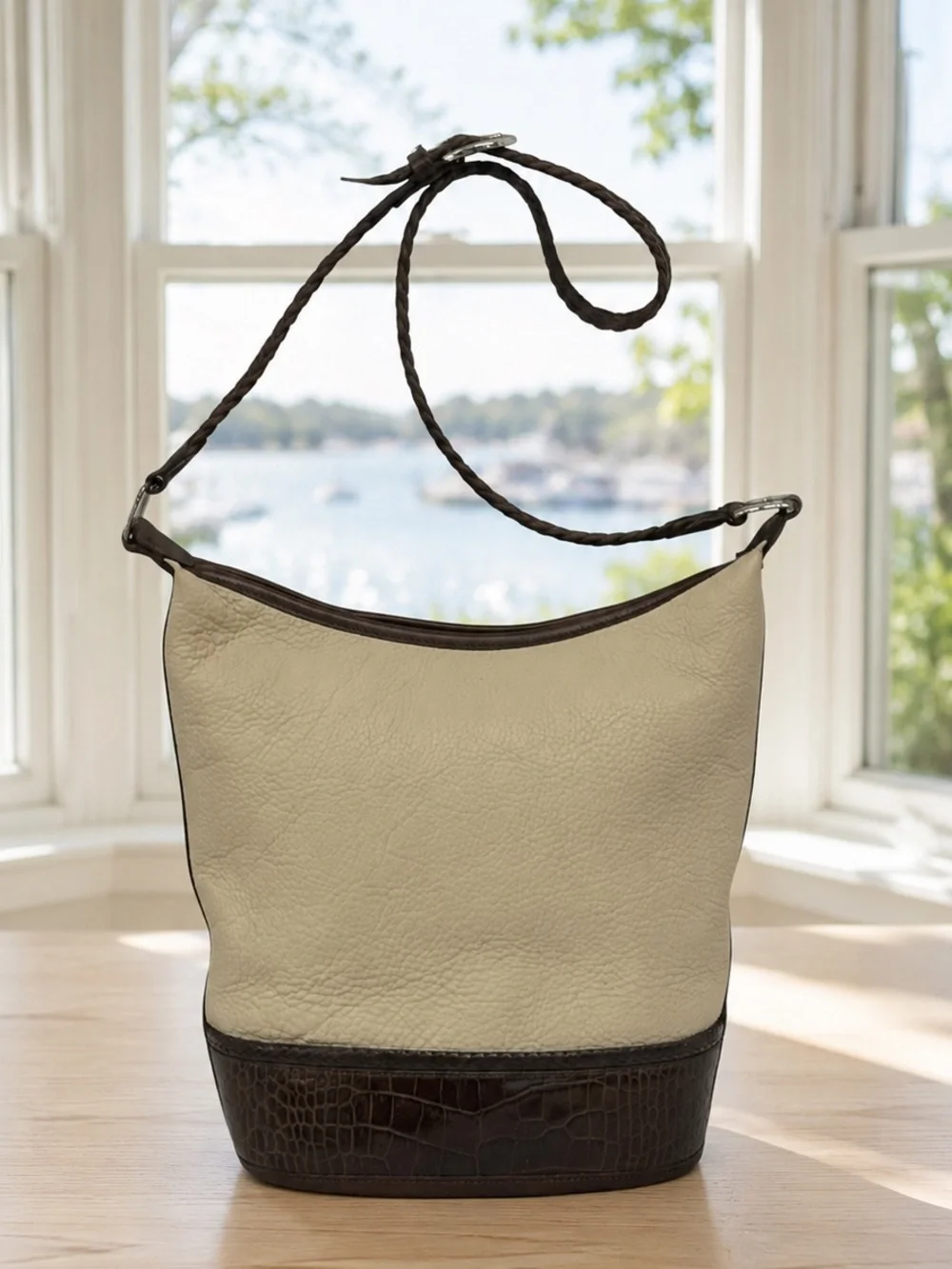 Vintage 1996 Brighton Beige Croc Leather Bucket Crossbody Purse w/Braided Strap